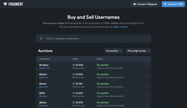 Стартовал аукцион Telegram-юзернеймов
Стартовал аукцион Telegram-юзернеймов