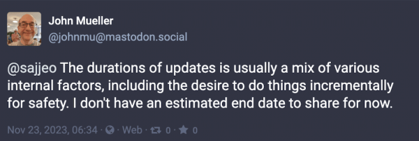 
            Google: дата окончания текущих апдейтов пока неизвестна
        